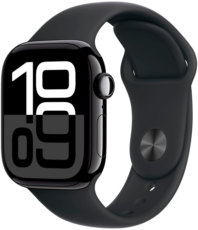 Apple Watch Series 10, 42 мм, корпус из алюминия цвета «чёрный глянец», спортивный ремешок черного цвета S/M (MWWE3)