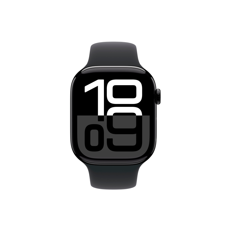 Apple Watch Series 10, 46 мм, корпус из алюминия цвета «чёрный глянец», спортивный ремешок черного цвета (S/M)