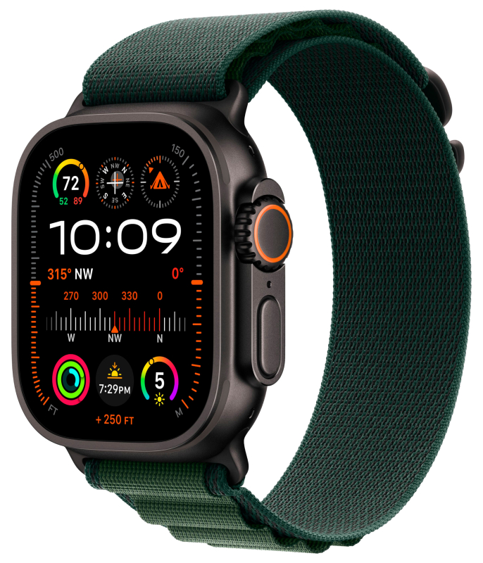Apple Watch Ultra 2 GPS + Cellular, 49 мм, корпус из черного титана, ремешок Alpine зеленого цвета, размер M (MX4R3)