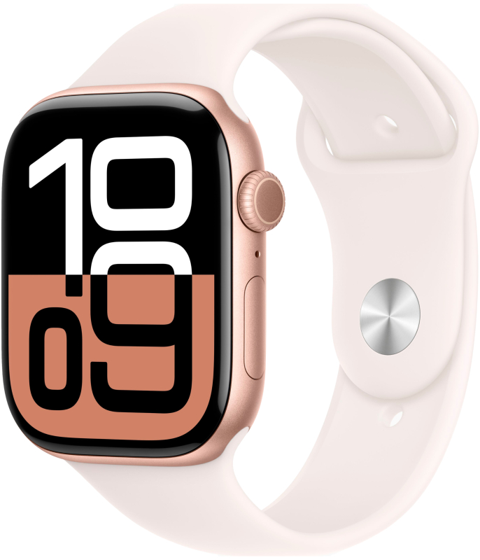 Apple Watch Series 10, 46 мм, корпус из алюминия цвета «розовое золото», спортивный ремешок цвета «румянец» S/M