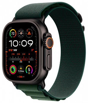 Apple Watch Ultra 2 GPS + Cellular, 49 мм, корпус из черного титана, ремешок Alpine зеленого цвета, L 165-210mm (MX4T3)
